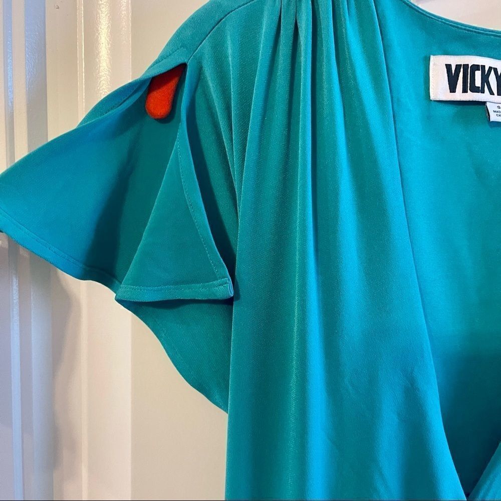 Vicky Tiel Teal Green Wrap Midi Dress Flutter Sleeve Size S NWT - Picture 7 of 10